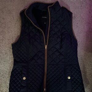 Talbots Black Quilted Vest with Brown Trim